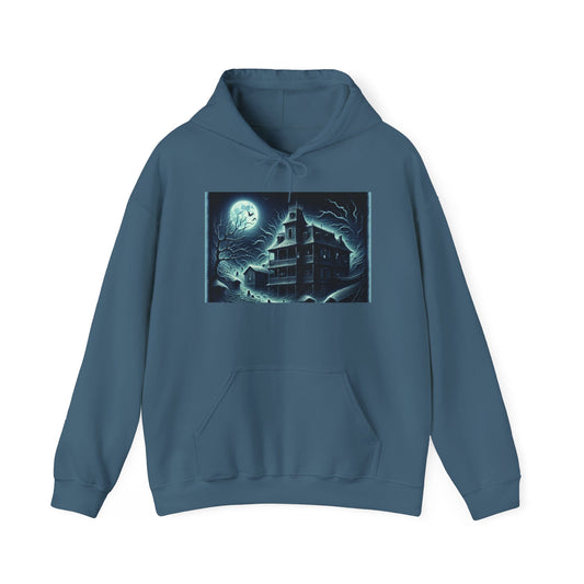 Haunted House Graphic Hoodie - Perfect for Halloween and Cozy Nights