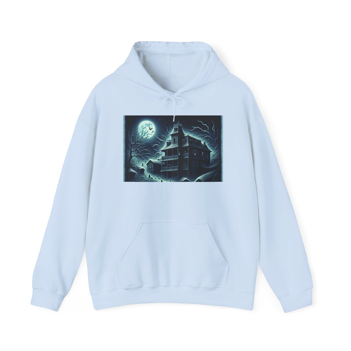 Haunted House Graphic Hoodie - Perfect for Halloween and Cozy Nights